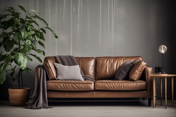 Scandinavian Fusion: Cozy Leather Couch in Industrial Setting with Green Plants and Minimalist Decor