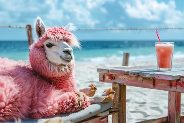 Naklejka premium Pink alpaca on a blue background. Portrait of an alpaca on the beach. Summer vibe, cocktail on a wooden table. Natural wool, fashionable hairstyle. Seaside holiday concept.