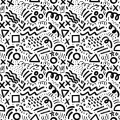 Naive playful abstract geometric shapes seamless pattern. Charcoal squiggles and various brush strokes.