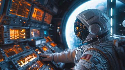 Fototapeta premium Astronaut explores space being desert planet. Astronaut space suit performing extra cosmic activity space against stars and planets background