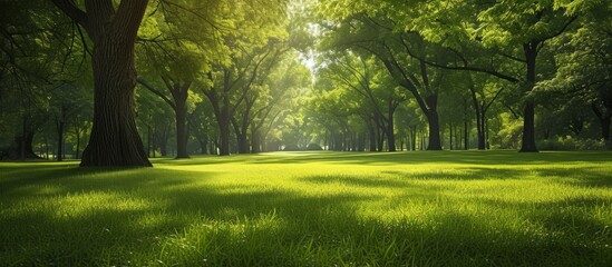 The sunlight filters through the branches of trees in a beautiful park, illuminating the lush green grass and creating a serene natural landscape - Powered by Adobe