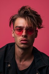 Obraz premium Stylish Man Wearing Red Sunglasses. Generative AI
