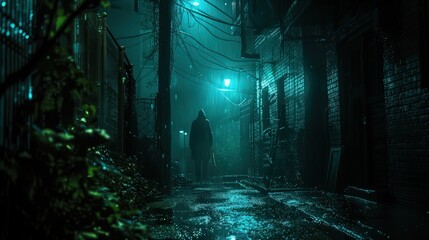Noir crime scene shadowed alley victims perspective night stalker lurking cinematic lighting intense dark atmosphere suspenseful