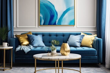 Golden Velvet Blue Cushion Art Poster: Stylish Blue Accents for Modern Living Rooms