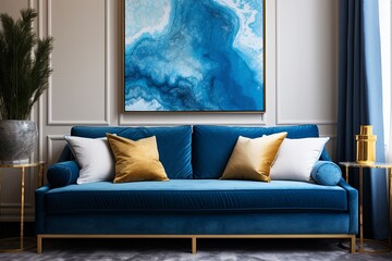 Velvet Blue Cushion and Golden Accents Art Poster for Modern Living Rooms
