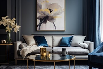 Velvet Luxe: Grey Wall Art Poster Ideas with Gold and Blue Accents for a Chic Living Space