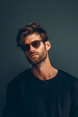 Obraz premium Stylish Man in Black Shirt and Sunglasses. Generative AI