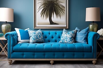 Blue Coastal Velvet Sofa: Rattan Furniture and Coastal Style Accents