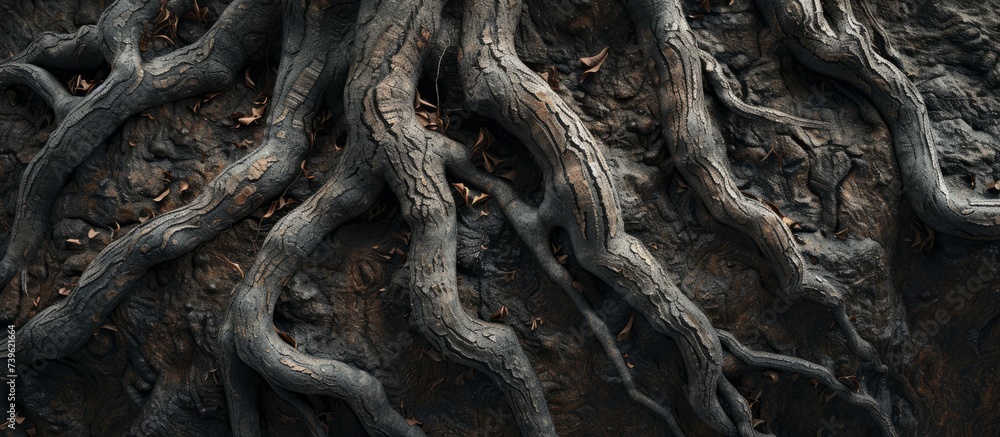Poster the close up reveals the intricate pattern of tree roots growing out of the ground, intertwining wit