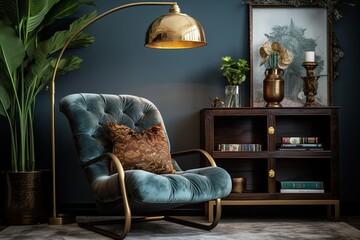 Vintage Velvet Lounge Chair with Brass Lighting Fixtures: Sofa Upholstered in Luxe Fabric