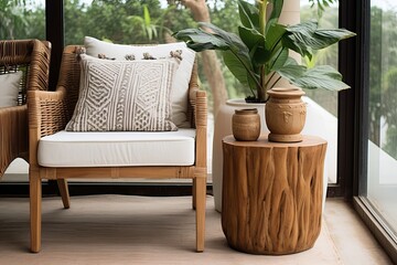 Boho Balcony: Ultimate Wood Stump Side Table Ideas with Rattan Furnishings for Outdoor Settings