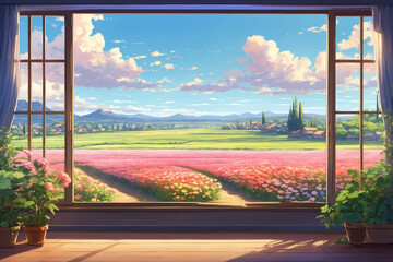 The window from the room during the day shows the flower fields outside. Without people. In anime style
