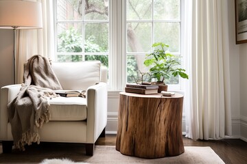 Wood Stump Side Table Ideas for a Sunny Living Room with Large Windows and Natural Lighting