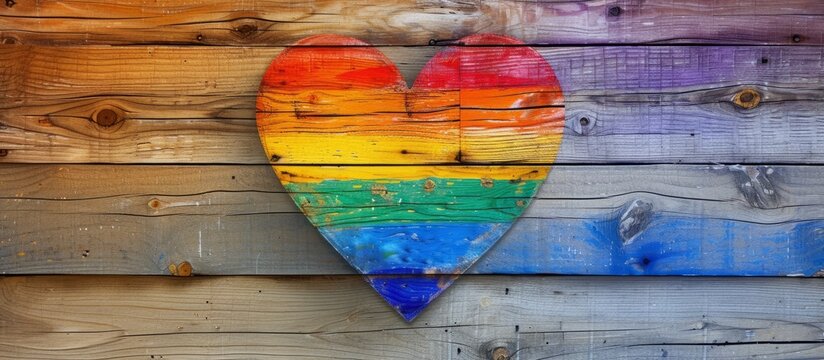 An electric blue rainbow heart is artfully painted on a wooden facade, creating a beautiful visual arts display