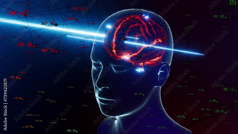 Poster brain in holographic human body and network of numbers. artificial intelligence concept background. 