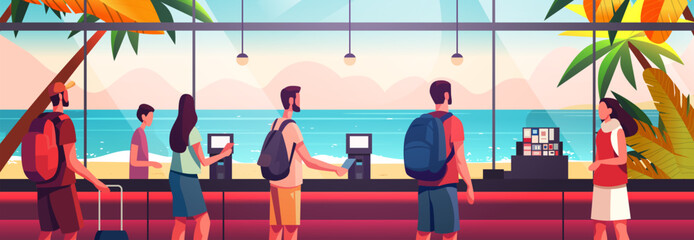 tourists self check in at automatic machine or buying tickets in interactive terminal summer vacation traveling concept