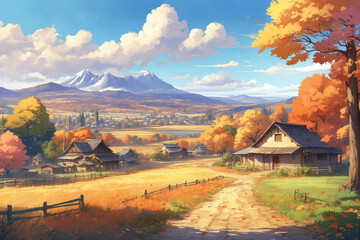 Rural area in autumn. Without people. In anime style - obrazy, fototapety, plakaty