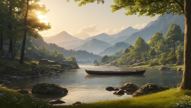 A solitary boat glides through the serene river, its silhouette framed by misty mountains and a vibrant sky, capturing the essence of nature's beauty and tranquility in a breathtaking painting