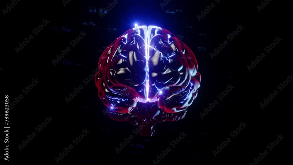 Poster brain digital with electric current moves and network of numbers. , animation seamless loop. artific