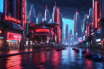 A sophisticated city center with a future concept when it's dark at night, covered in red and blue neon lights, without people