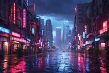 City center on a rainy night, with neon lights as blue and red lighting. Without people
