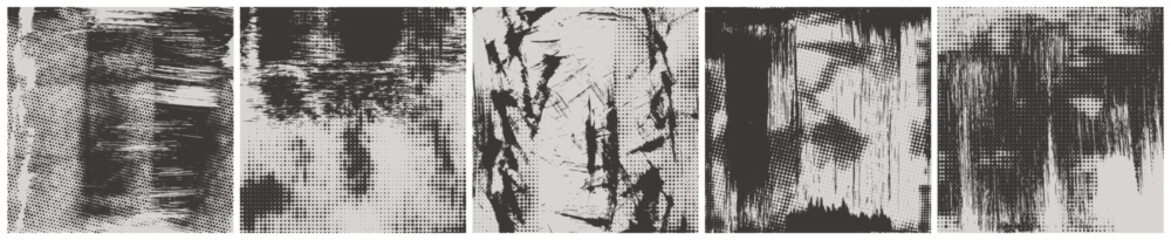 Grunge texture square templates with dot halftones for social post or covers. Old overlay texture with scratches and dirty effect. Ink brush strokes mess. Vector retro vintage background collection.