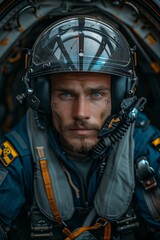 Pilot in the cockpit of a military aircraft. Yellow and blue elements on clothes. Military aviation.