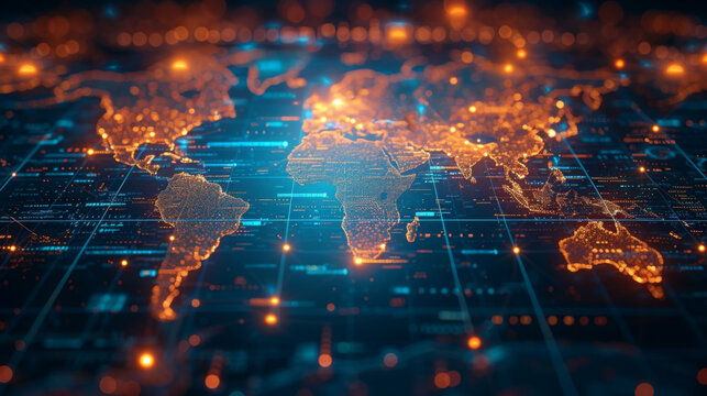 A digital world map illuminated by a pulsating grid showcasing the impact of technological advancements on global investment strategies with nodes representing tingedge industries