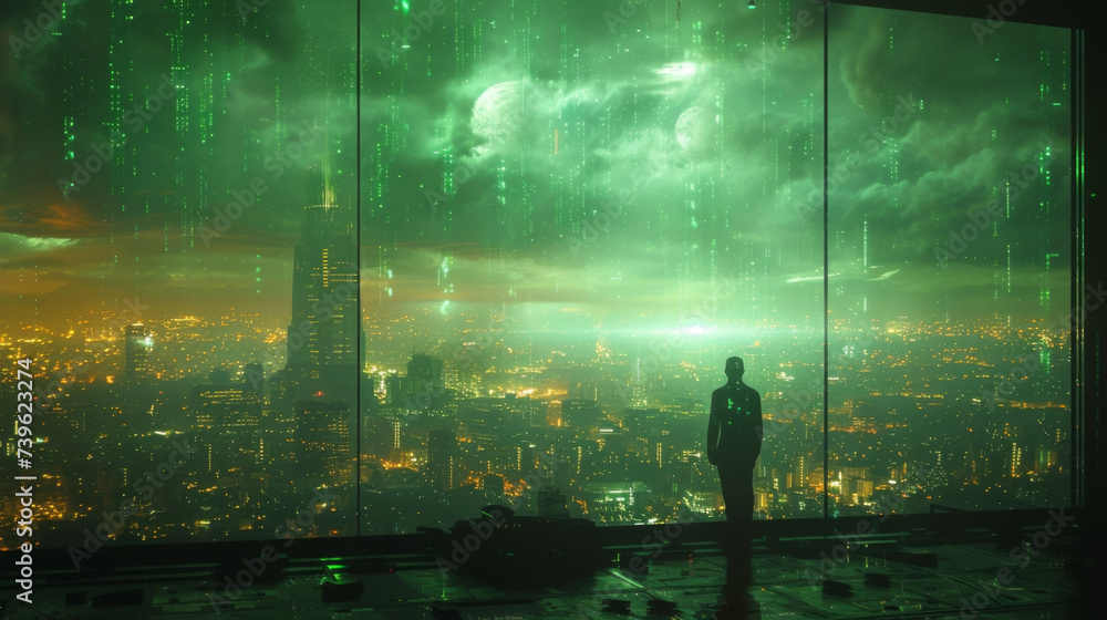 Poster in the background a futuristic metropolis can be seen through a panoramic window a reminder of the i