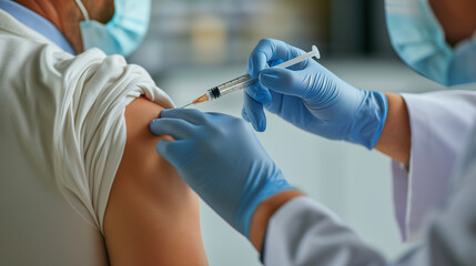 World immunization week and International HPV awareness day concept. Woman having vaccination for influenza or flu shot or HPV prevention with syringe by nurse or medical officer - obrazy, fototapety, plakaty