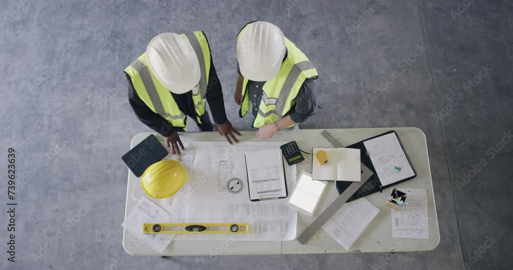 Poster above, people and engineering in discussion on table, safety gear and calculations for building mate