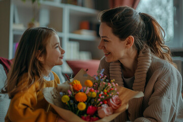 Heartfelt Mother-Daughter Exchange with Bouquet of Flowers