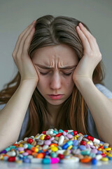 Young woman with headache with a bunch of pills in front of her, pills or drugs problem, overmedicating concept - 739623677