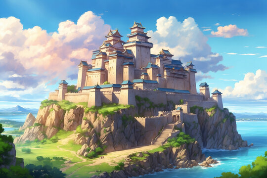 Majestic castle in bright daylight, without people. In anime style