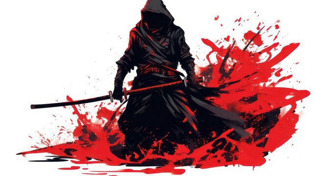 Illustration of a ninja ninjutsu ronin warrior with a Japanese samurai sword, with a splater effect of red watercolor painting.