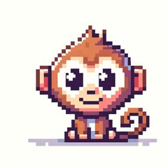 Obraz premium Pixel art of a macaque monkey with a white background, in the style of early 90s video game console, cute 8 bit animal illustration