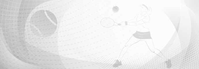 Tennis themed background in gray tones with abstract lines curves and dots, with a female tennis player in action, swinging a racket to hit the ball away