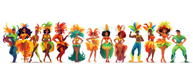 set Brazilian samba dancers girls wearing festival costume and dancing together carnival party concept horizontal