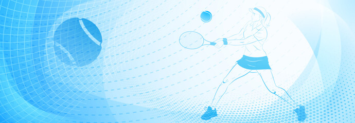 Tennis themed background in blue tones with abstract lines curves and dots, with a female tennis player in action, swinging a racket to hit the ball away