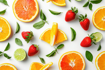 Naklejka premium Top view cut orange strawberries and limes on white background, Flat lay minimal