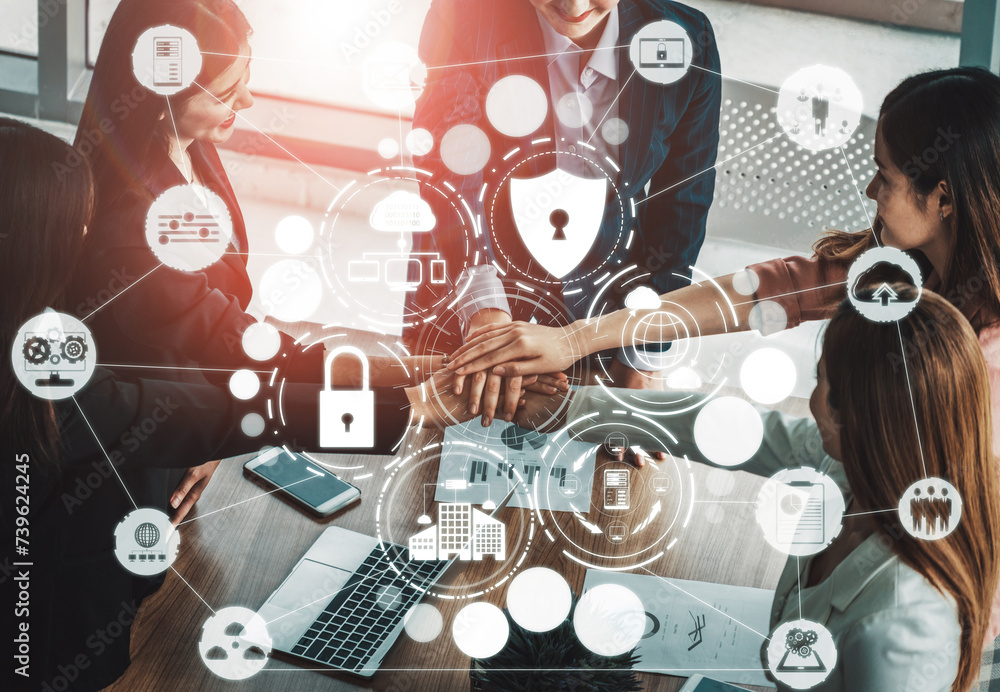 Poster cyber security and digital data protection concept. icon interface showing secure firewall technolog