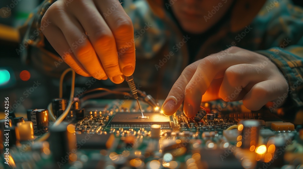 Aufkleber engineer meticulously soldering components onto a circuit board during prototyping phase.