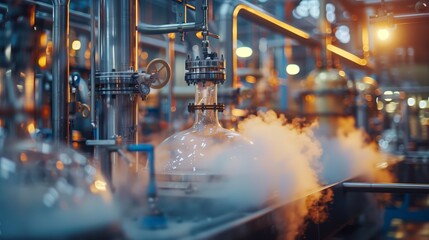 Close-up view of laboratory flasks filled with a new blend of biofuel during a chemical engineering experiment.