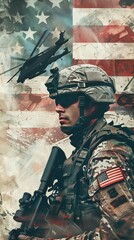 Warrior with weapon on USA flag background