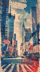 American street with skyscrapers vertical background