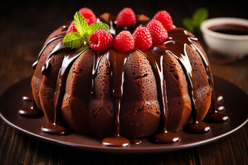 Chocolate bundt cake topped with chocolate glaze and fresh raspberries on wooden table
