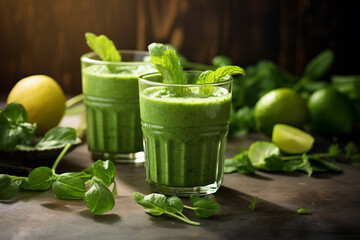 Green smoothie in glasses on dark background with various green vegetables and fruits