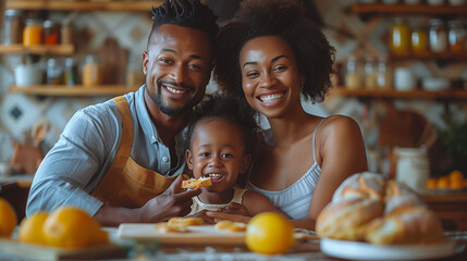 A playful dad feeding his son a slice of bread at breakfast. Black Family having fun together in the kitchen. Caucasian Mam and Dad spend quality time with their son. - obrazy, fototapety, plakaty
