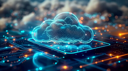 Cloud-inspired design on an electronic pad, surrounded by light, depicting a storage technology online cloud for sharing files concept