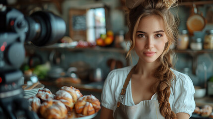 beautiful woman vlogger baking and recording video for a food channel. Female pastry chef vlogging with her camera mounted on a tripod in the kitchen